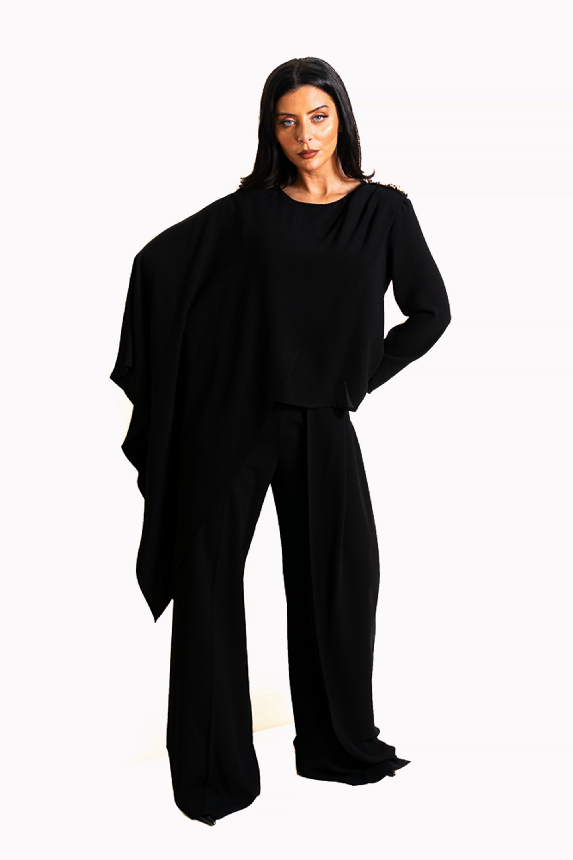 Black Two-Piece Set of Asymmetrical Blouse and Pants by The Embroidered Corner