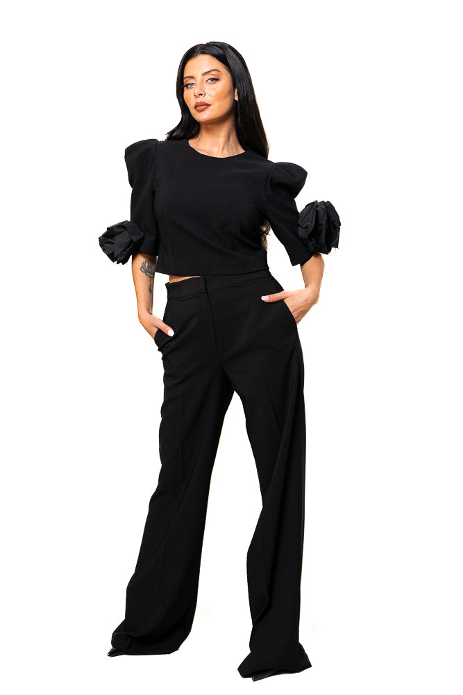 Black Two-Piece Set of Floral Blouse and Pants by The Embroidered Corner