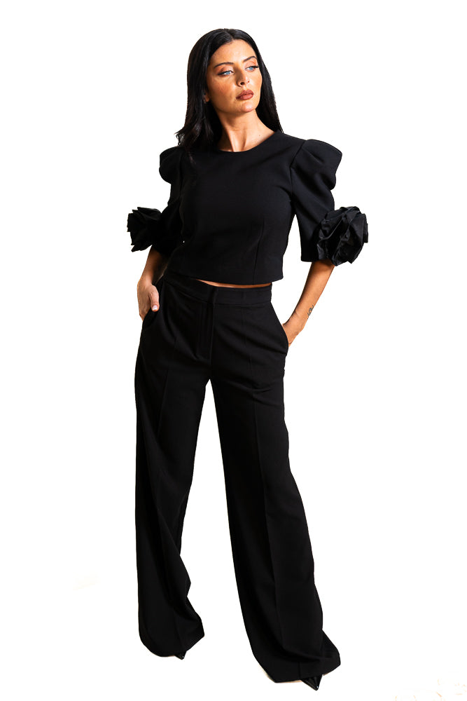 Black Two-Piece Set of Floral Blouse and Pants by The Embroidered Corner