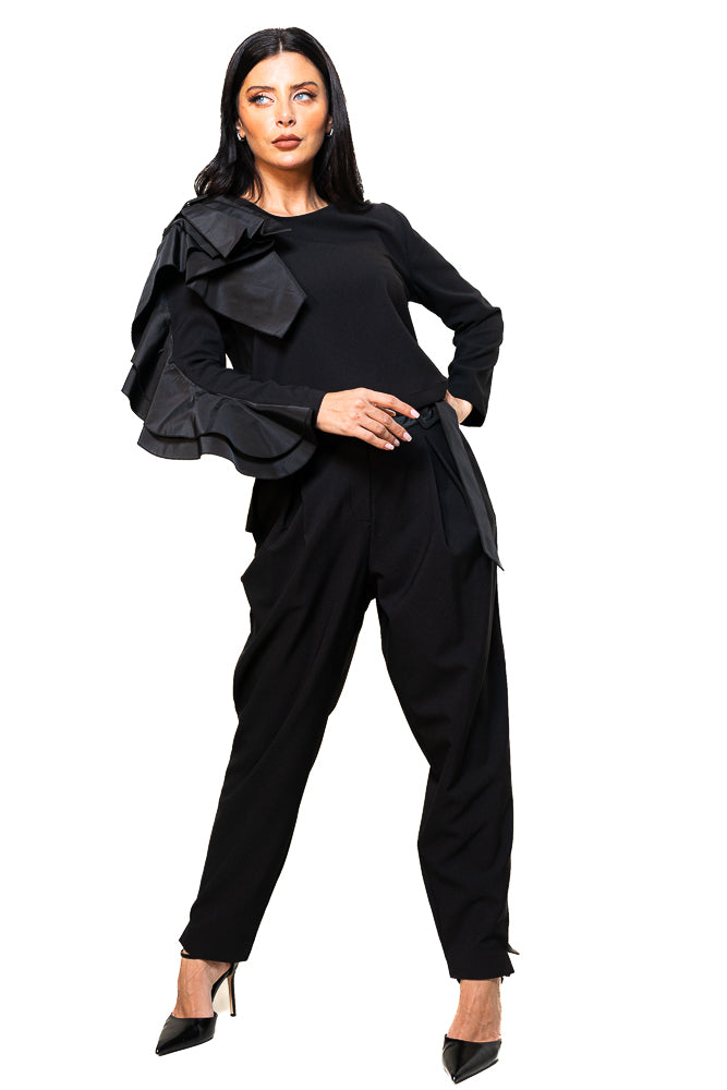 Black Two-Piece Set of Ruffled Blouse and High-Waisted Pants by The Embroidered Corner