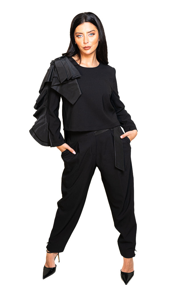 Black Two-Piece Set of Ruffled Blouse and High-Waisted Pants by The Embroidered Corner