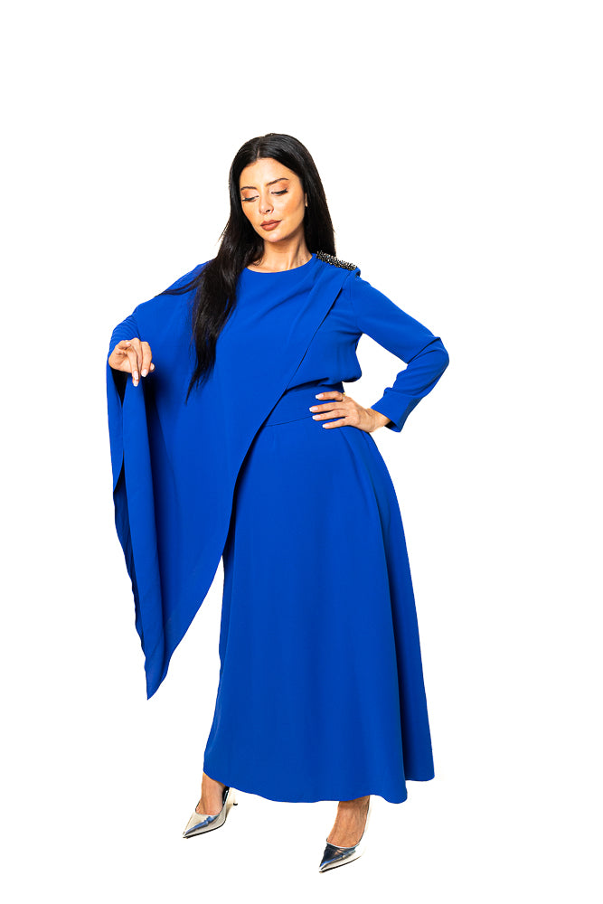 Blue Two-Piece Set of Butterfly Blouse and Long Skirt by The Embroidered Corner