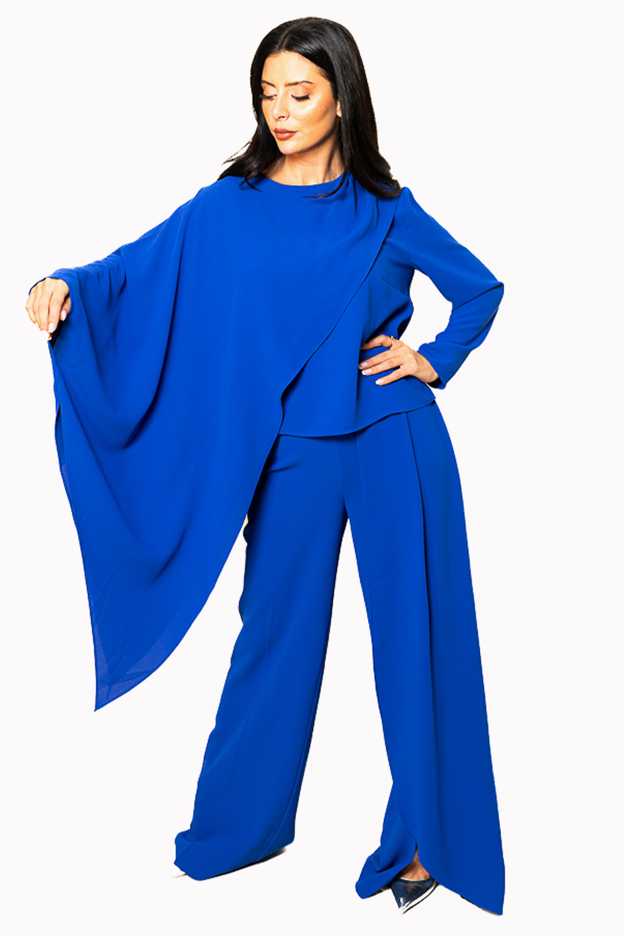 Blue Two-Piece Set of Asymmetrical Blouse and Pants by The Embroidered Corner