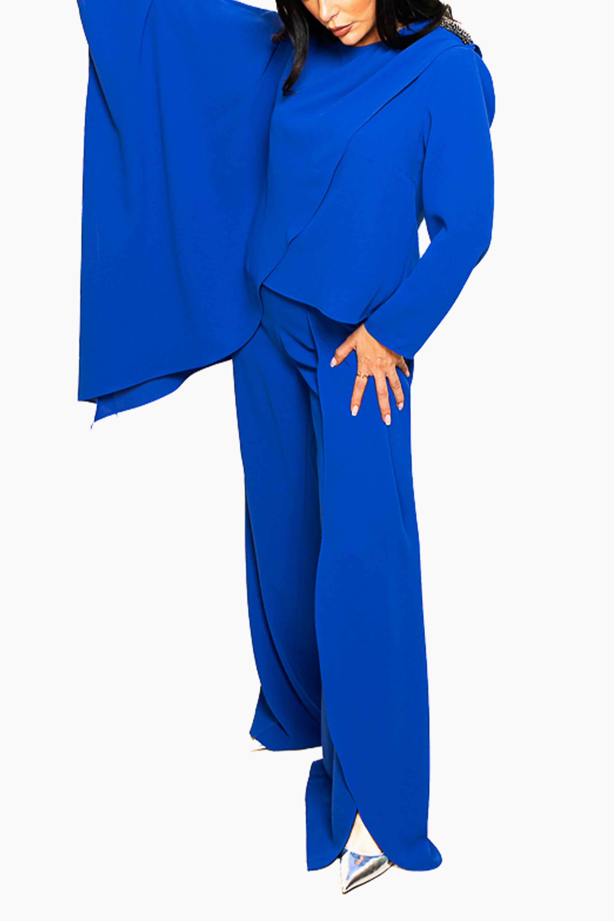 Blue Two-Piece Set of Asymmetrical Blouse and Pants by The Embroidered Corner