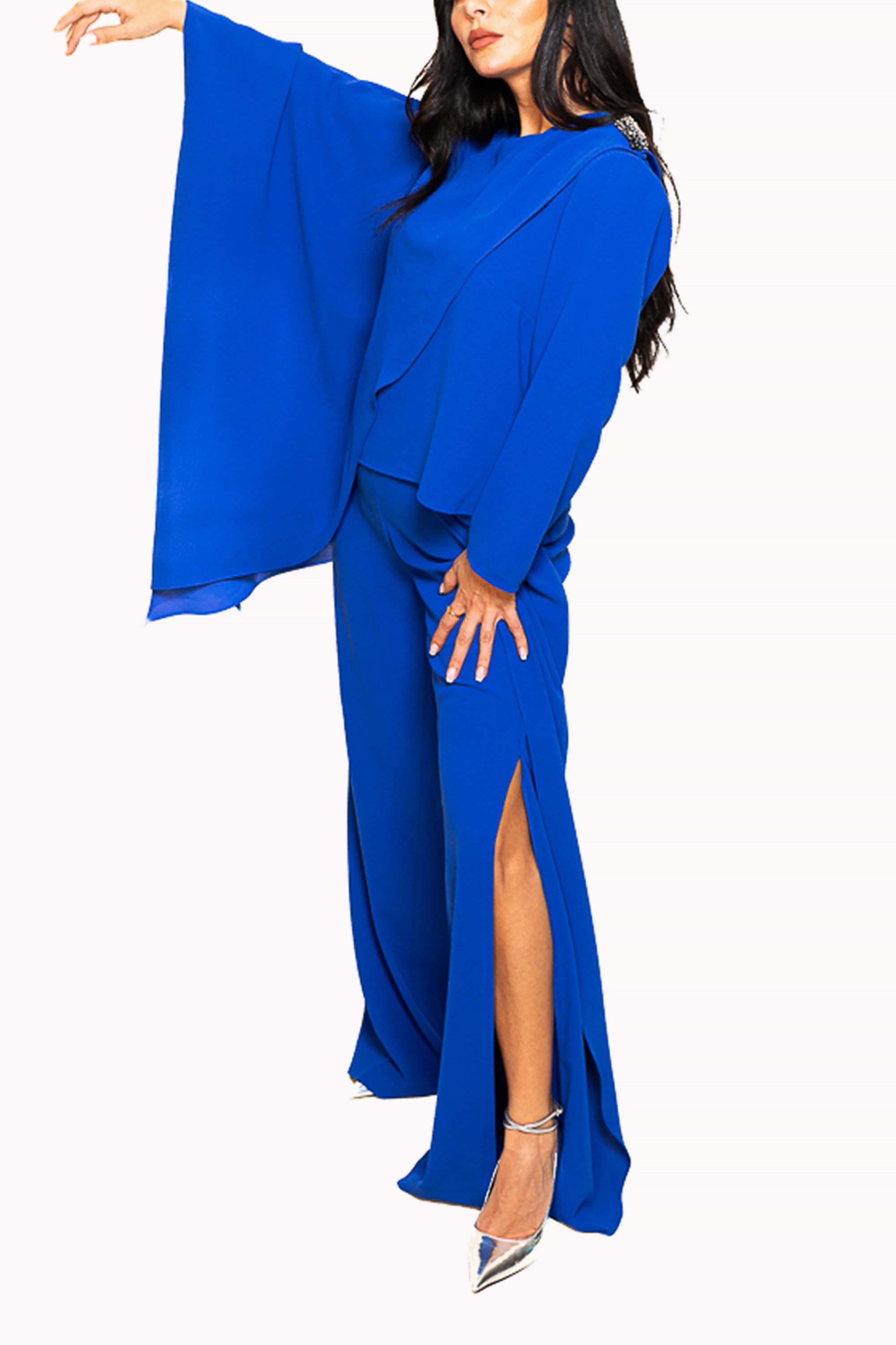 Blue Two-Piece Set of Asymmetrical Blouse and Pants by The Embroidered Corner