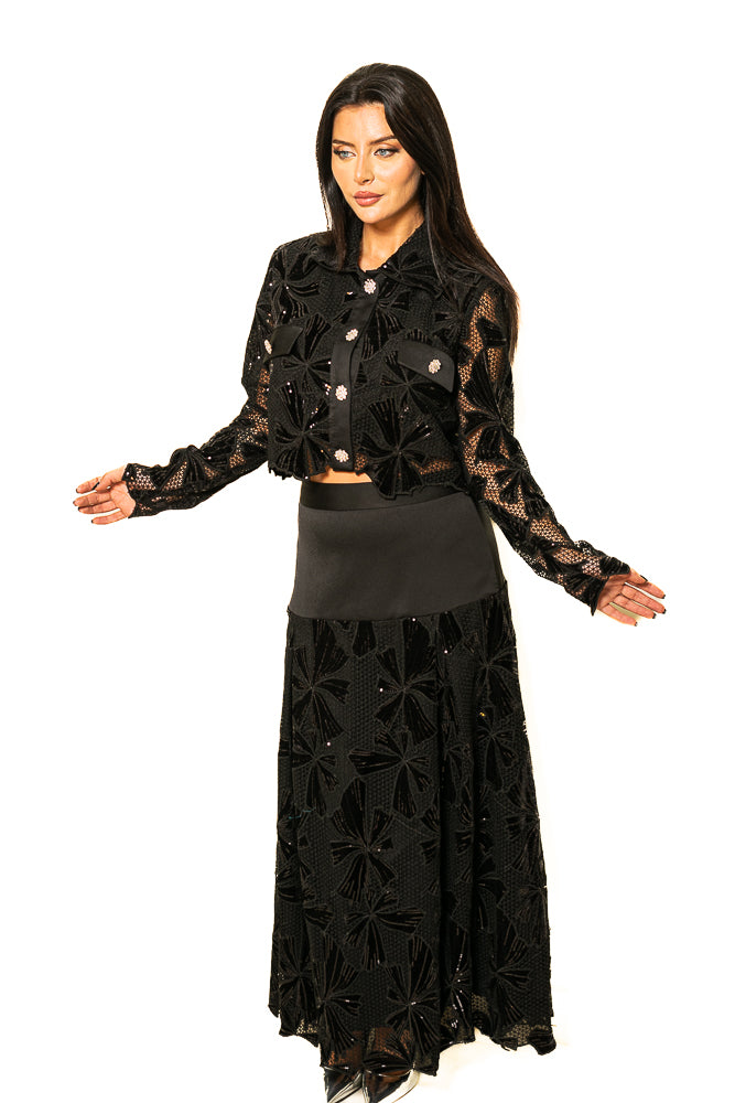 Black Two-Piece Set of Velvet Floral Sequins Blouse and Skirt by The Embroidered Corner