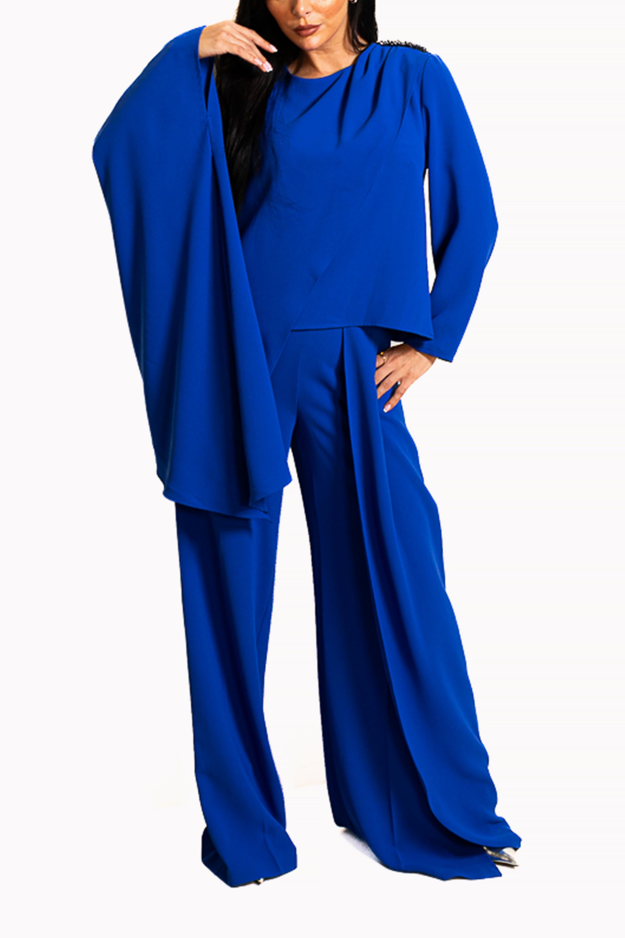 Blue Two-Piece Set of Asymmetrical Blouse and Pants by The Embroidered Corner