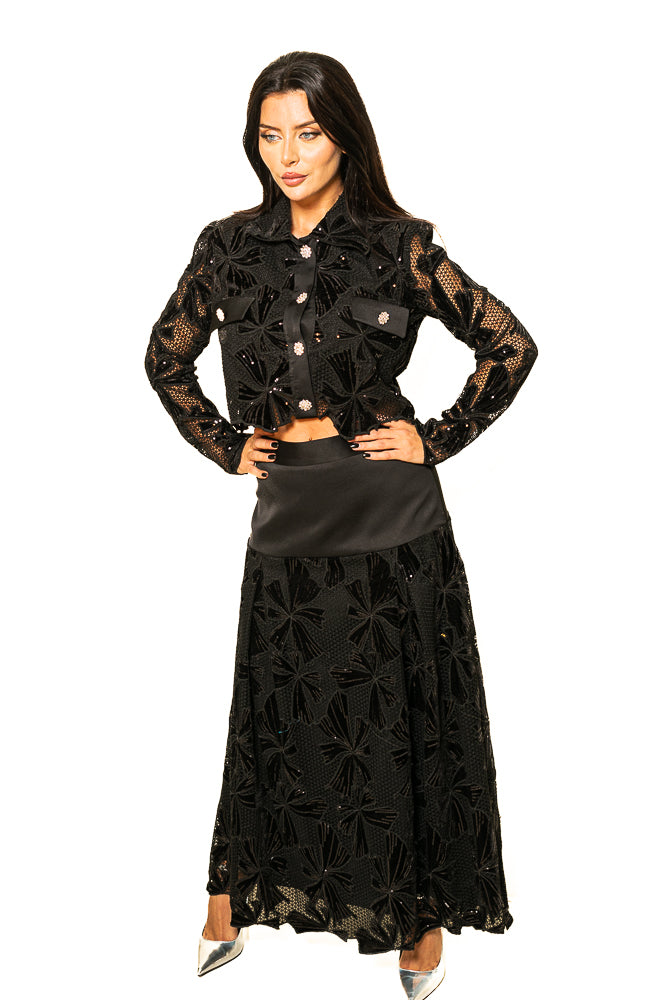 Black Two-Piece Set of Velvet Floral Sequins Blouse and Skirt by The Embroidered Corner