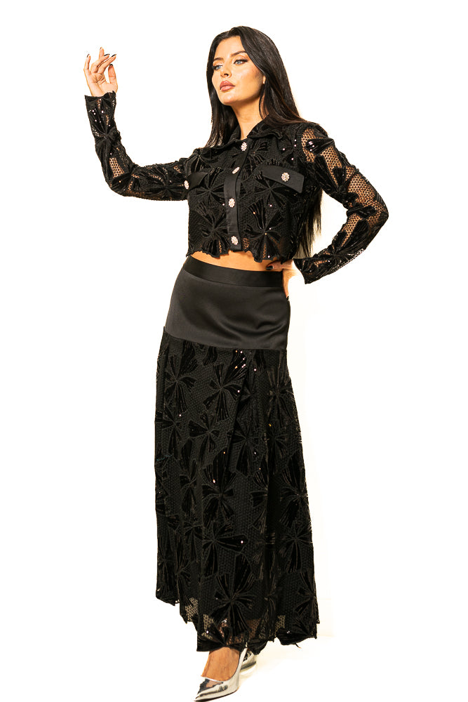 Black Two-Piece Set of Velvet Floral Sequins Blouse and Skirt by The Embroidered Corner