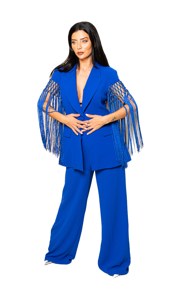 Blue Two-Piece Set of Jacket with Tassels and Pants by The Embroidered Corner