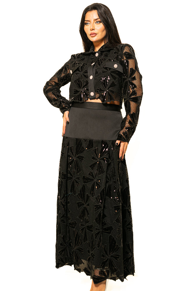 Black Two-Piece Set of Velvet Floral Sequins Blouse and Skirt by The Embroidered Corner