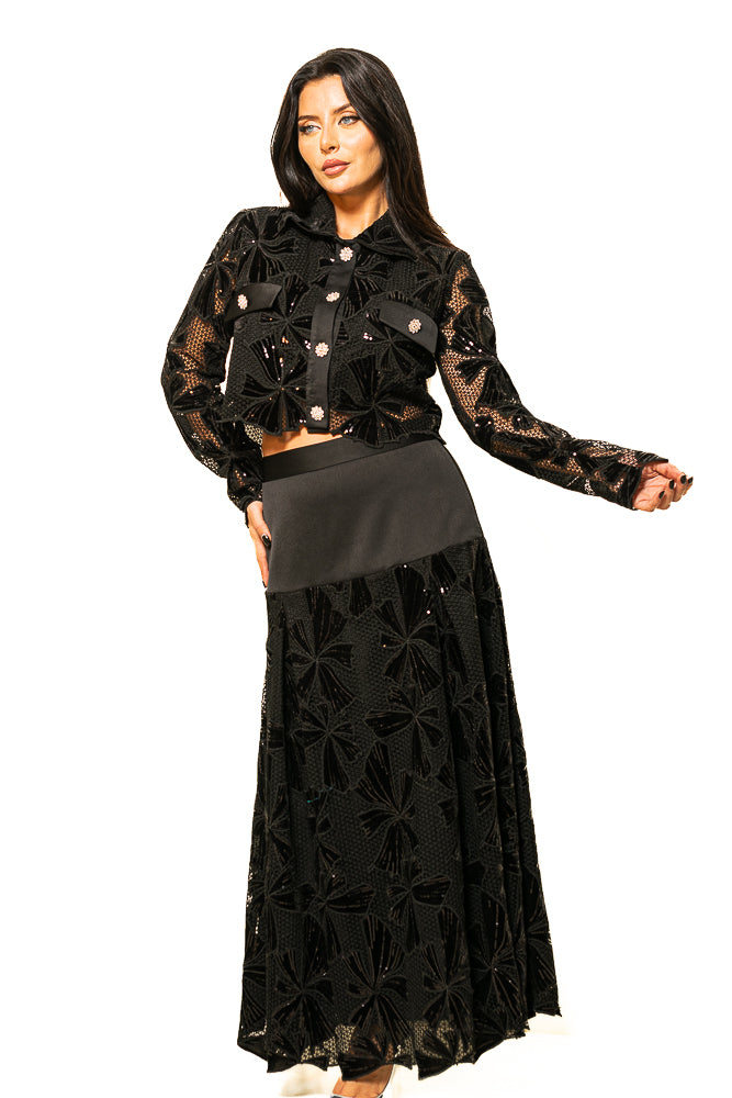 Black Two-Piece Set of Velvet Floral Sequins Blouse and Skirt by The Embroidered Corner