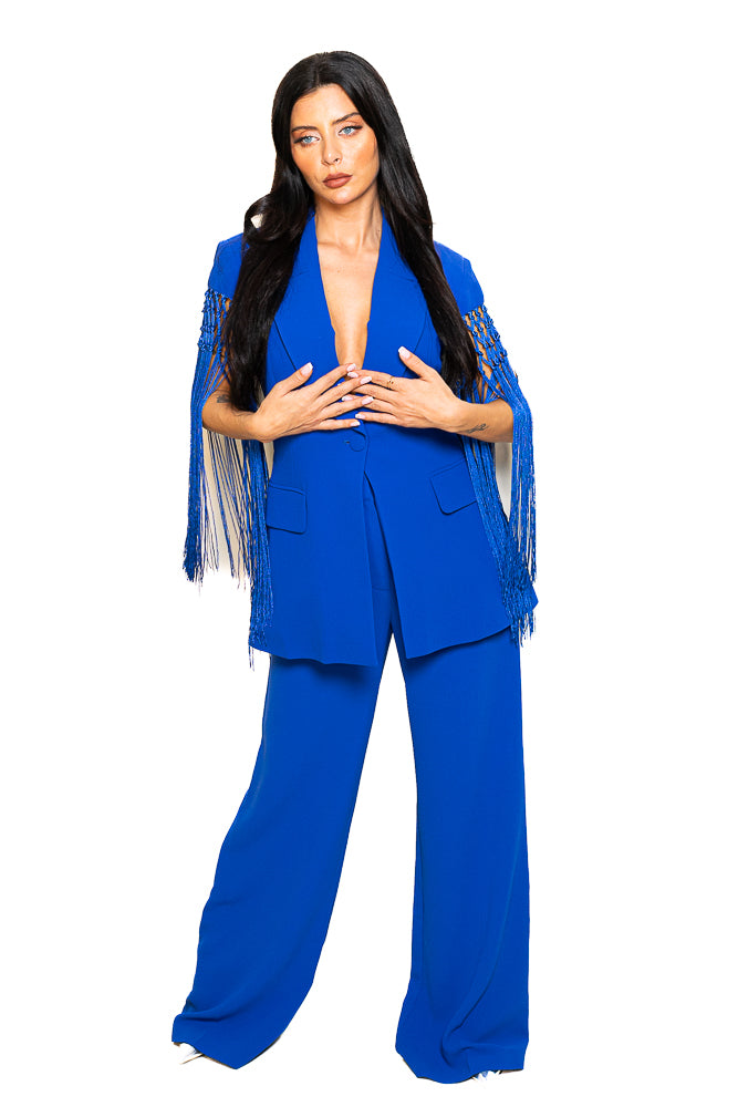 Blue Two-Piece Set of Jacket with Tassels and Pants by The Embroidered Corner