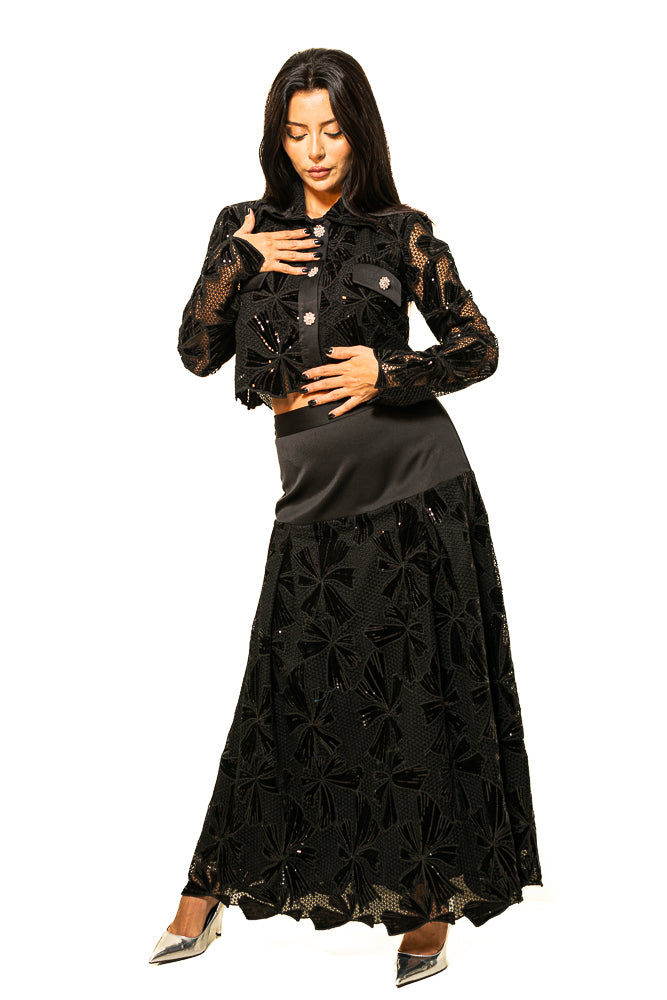 Black Two-Piece Set of Velvet Floral Sequins Blouse and Skirt by The Embroidered Corner