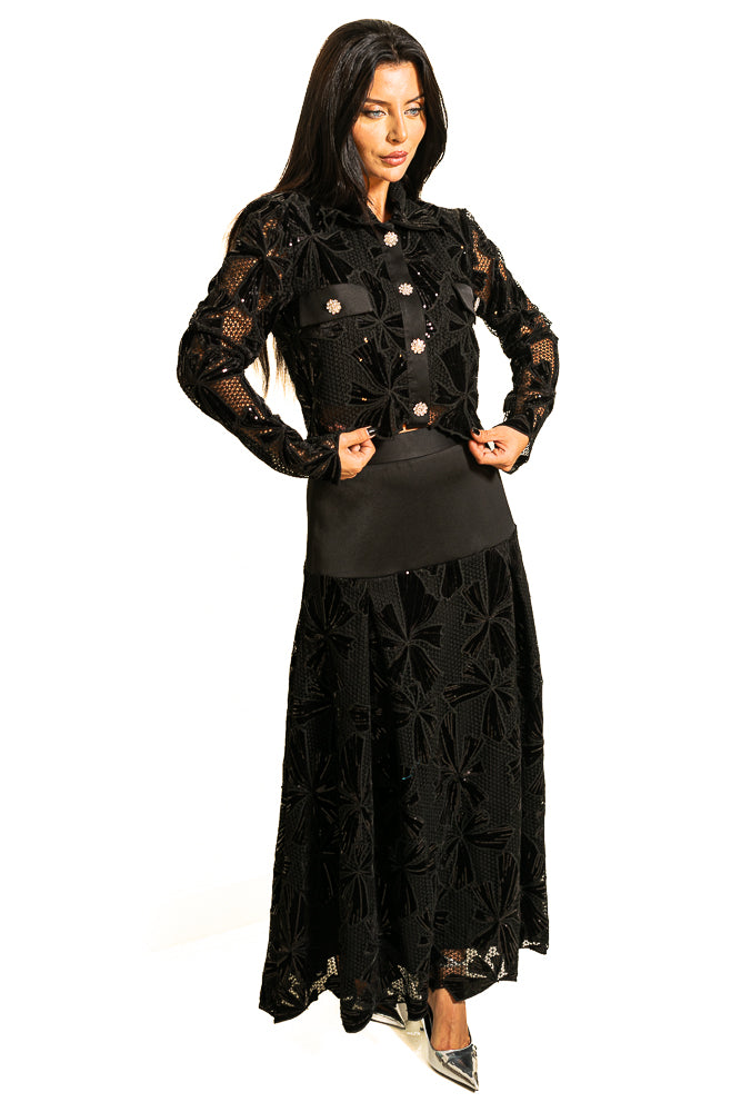 Black Two-Piece Set of Velvet Floral Sequins Blouse and Skirt by The Embroidered Corner