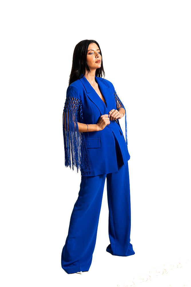 Blue Two-Piece Set of Jacket with Tassels and Pants by The Embroidered Corner