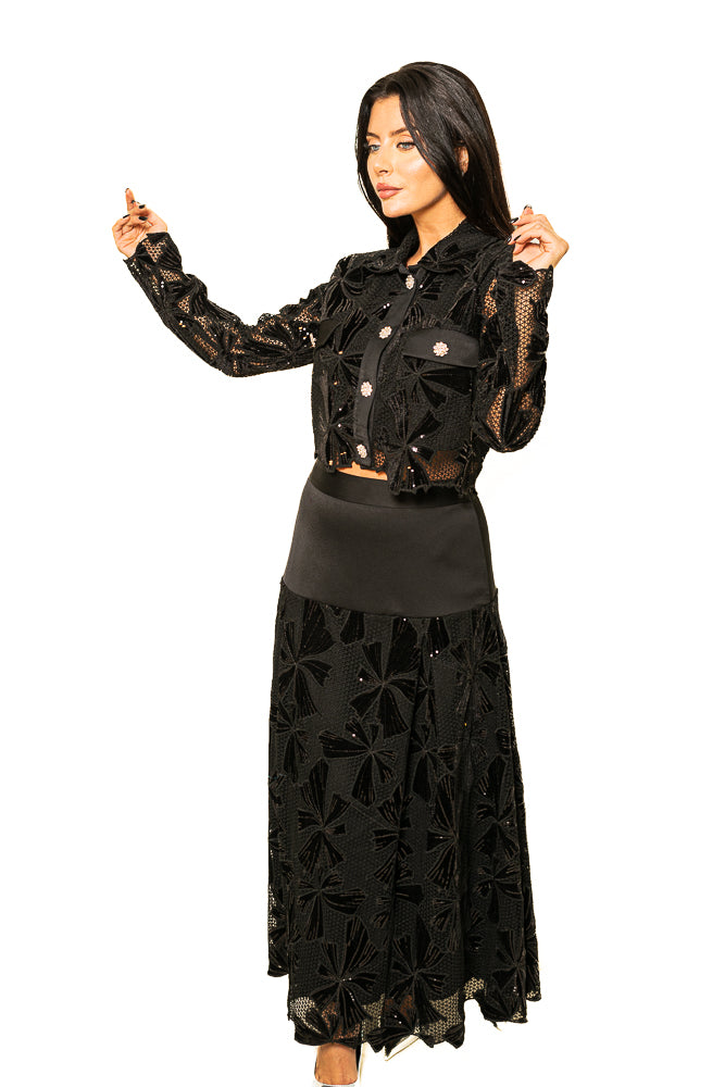 Black Two-Piece Set of Velvet Floral Sequins Blouse and Skirt by The Embroidered Corner