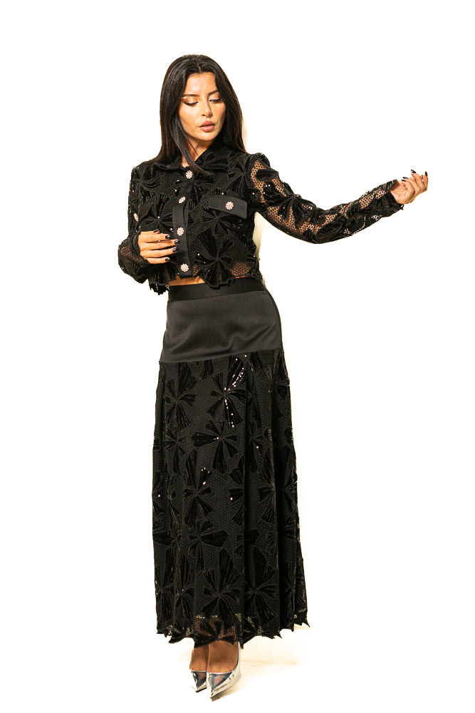 Black Two-Piece Set of Velvet Floral Sequins Blouse and Skirt by The Embroidered Corner