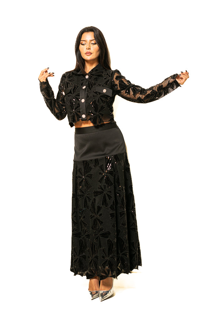 Black Two-Piece Set of Velvet Floral Sequins Blouse and Skirt by The Embroidered Corner