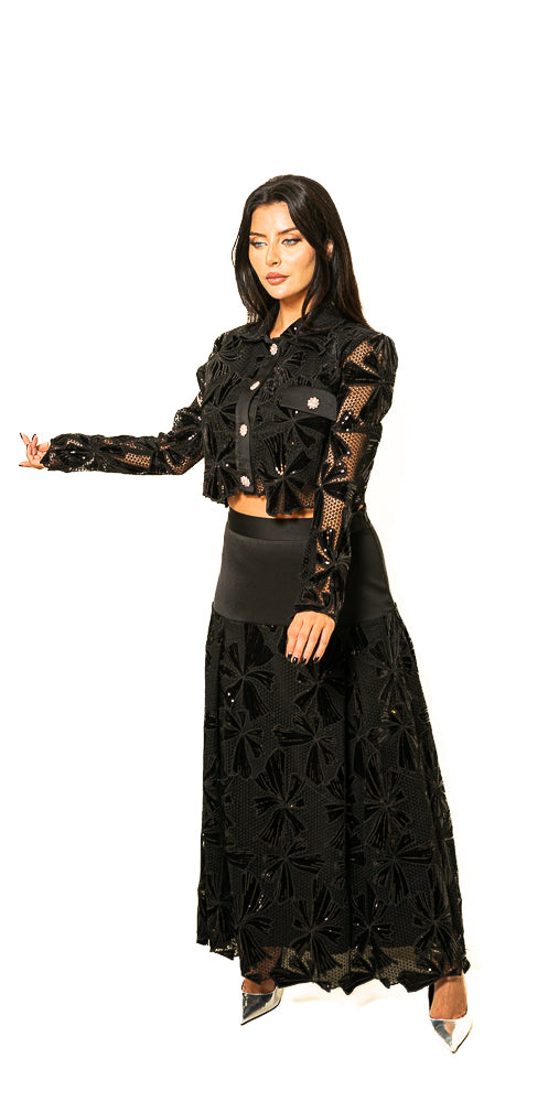 Black Two-Piece Set of Velvet Floral Sequins Blouse and Skirt by The Embroidered Corner
