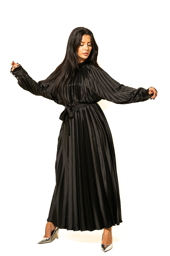 Black Two-Piece Set of Puff Blouse and Maxi Skirt with Crystals by The Embroidered Corner