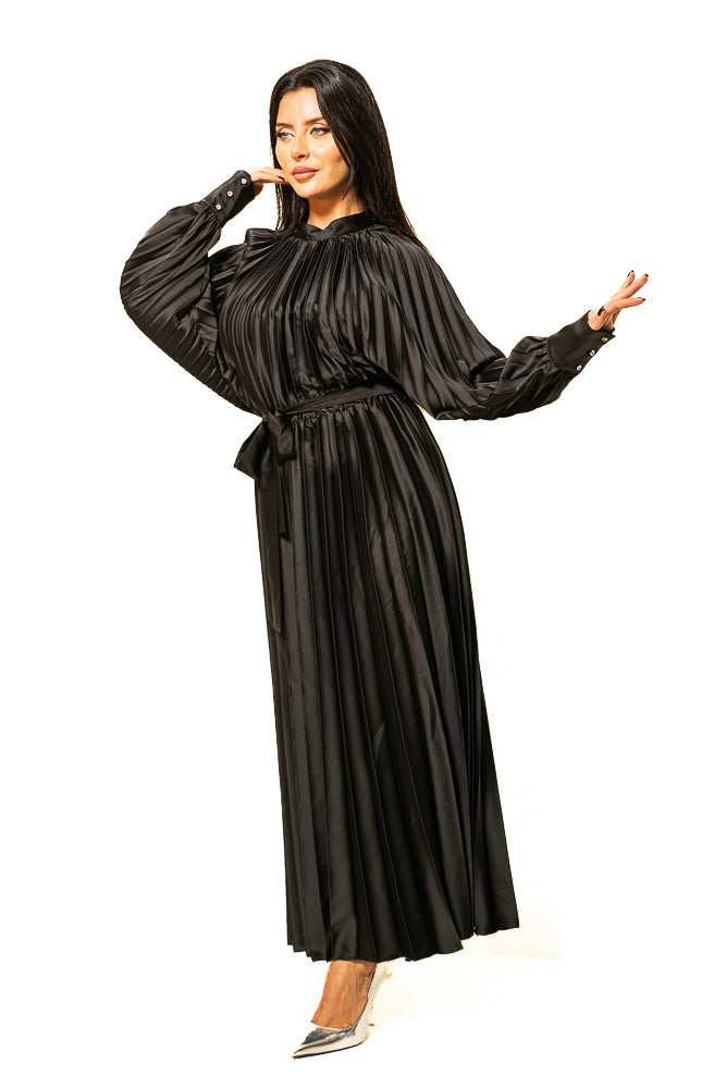Black Two-Piece Set of Puff Blouse and Maxi Skirt with Crystals by The Embroidered Corner
