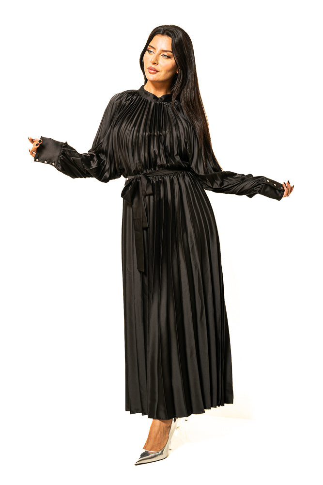 Black Two-Piece Set of Puff Blouse and Maxi Skirt with Crystals by The Embroidered Corner