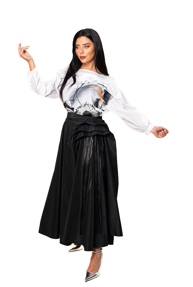 Black and White Two-Piece Set of Floral Blouse and Ruffled Skirt by The Embroidered Corner