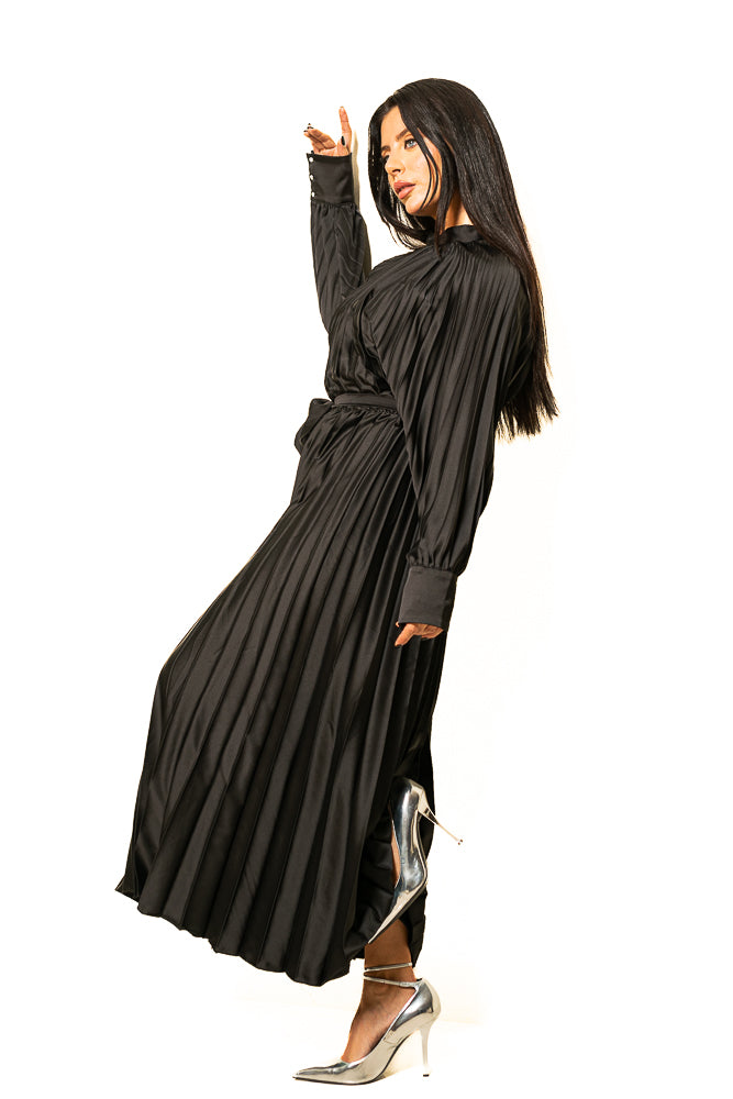 Black Two-Piece Set of Puff Blouse and Maxi Skirt with Crystals by The Embroidered Corner