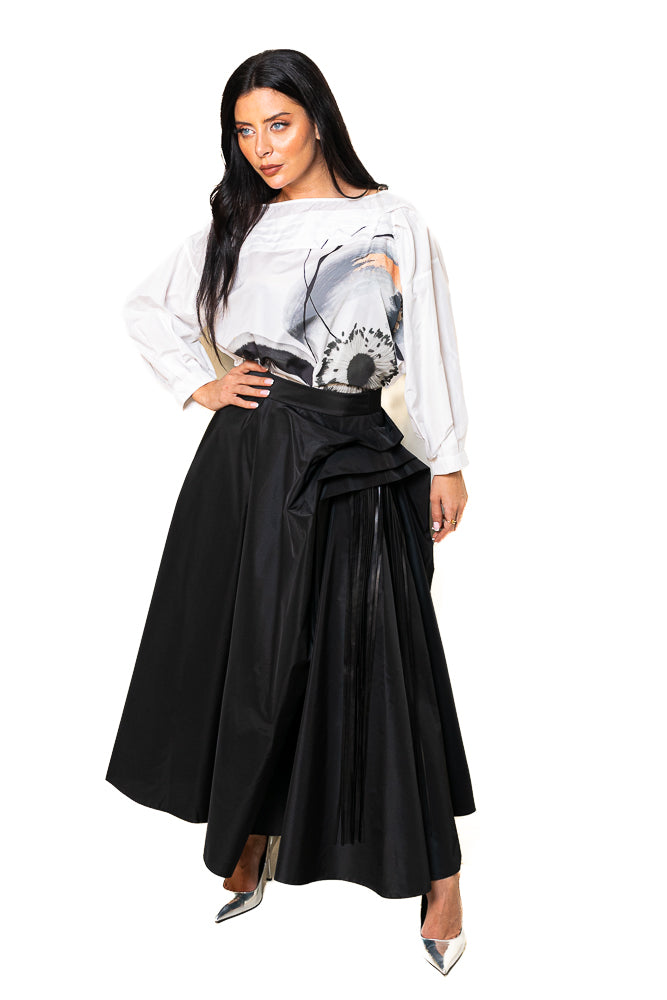 Black and White Two-Piece Set of Floral Blouse and Ruffled Skirt by The Embroidered Corner