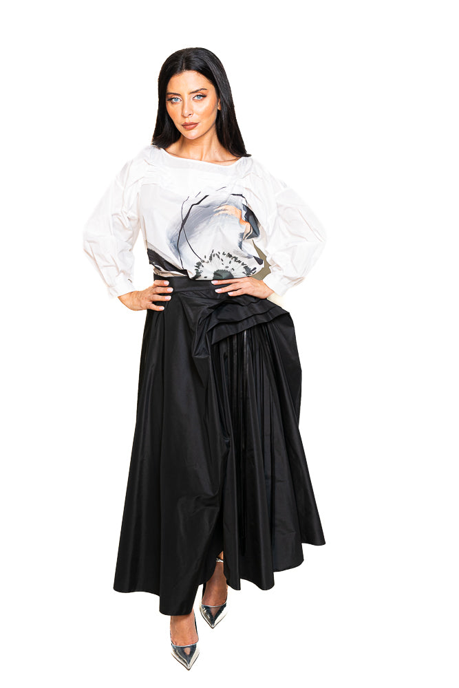Black and White Two-Piece Set of Floral Blouse and Ruffled Skirt by The Embroidered Corner