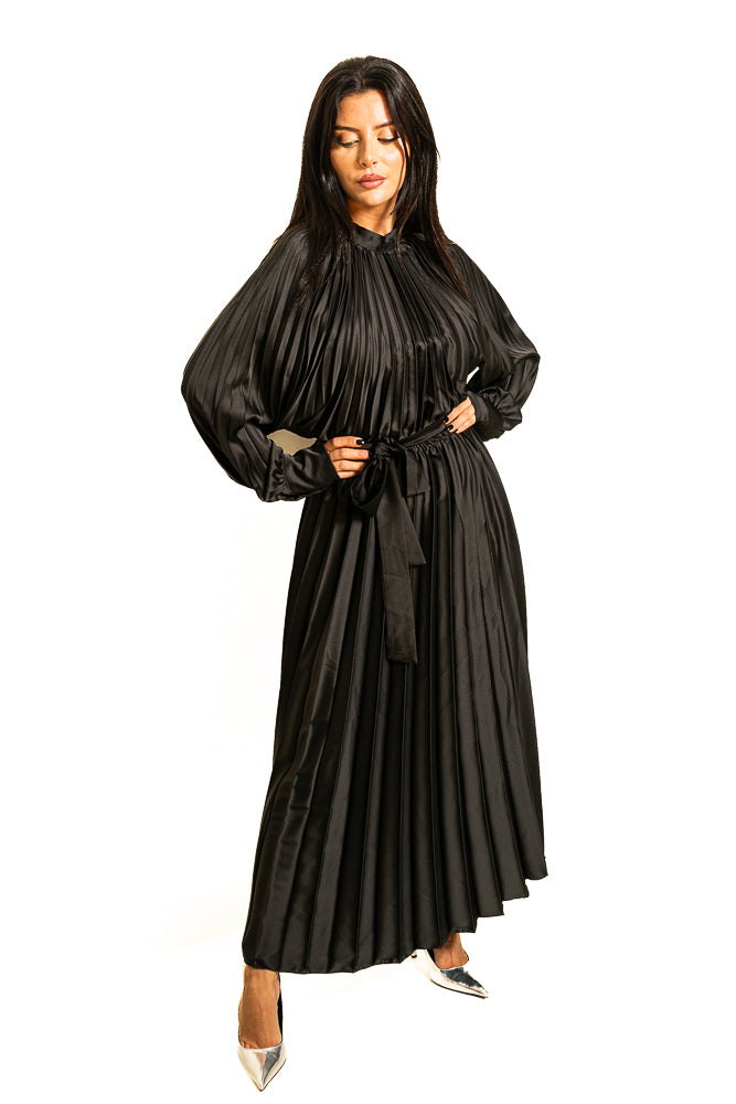 Black Two-Piece Set of Puff Blouse and Maxi Skirt with Crystals by The Embroidered Corner