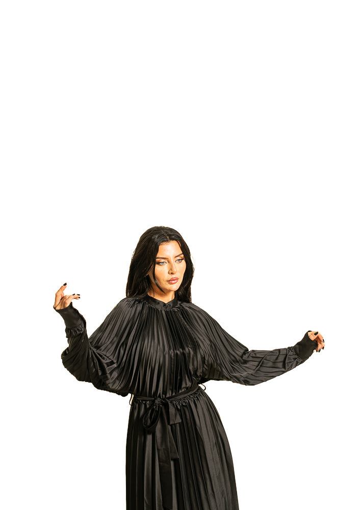 Black Two-Piece Set of Puff Blouse and Maxi Skirt with Crystals by The Embroidered Corner