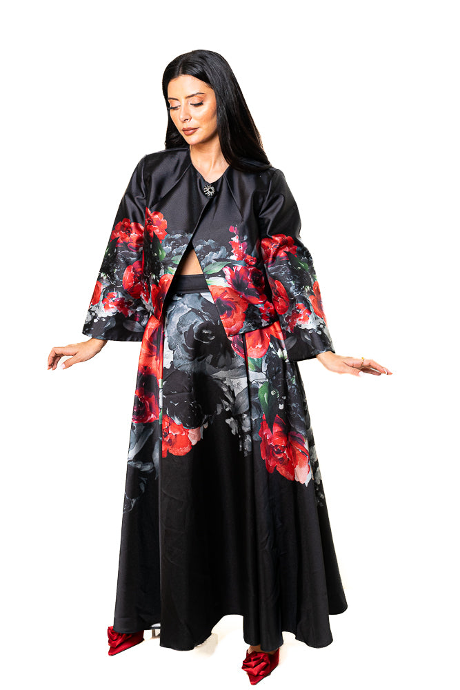 Black Two-Piece Set of Floral Shirt and Skirt by The Embroidered Corner