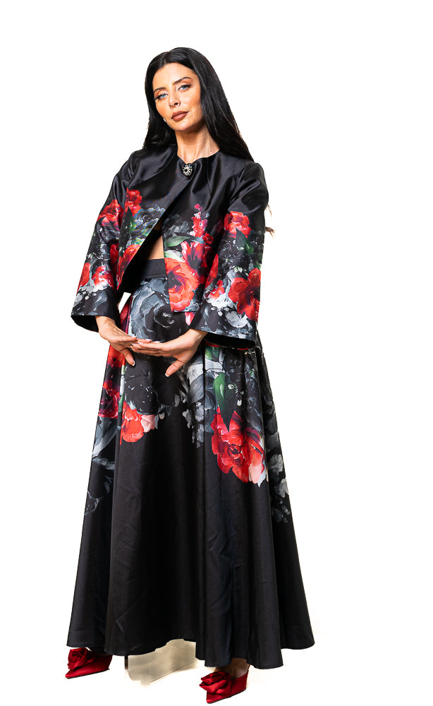 Black Two-Piece Set of Floral Shirt and Skirt by The Embroidered Corner