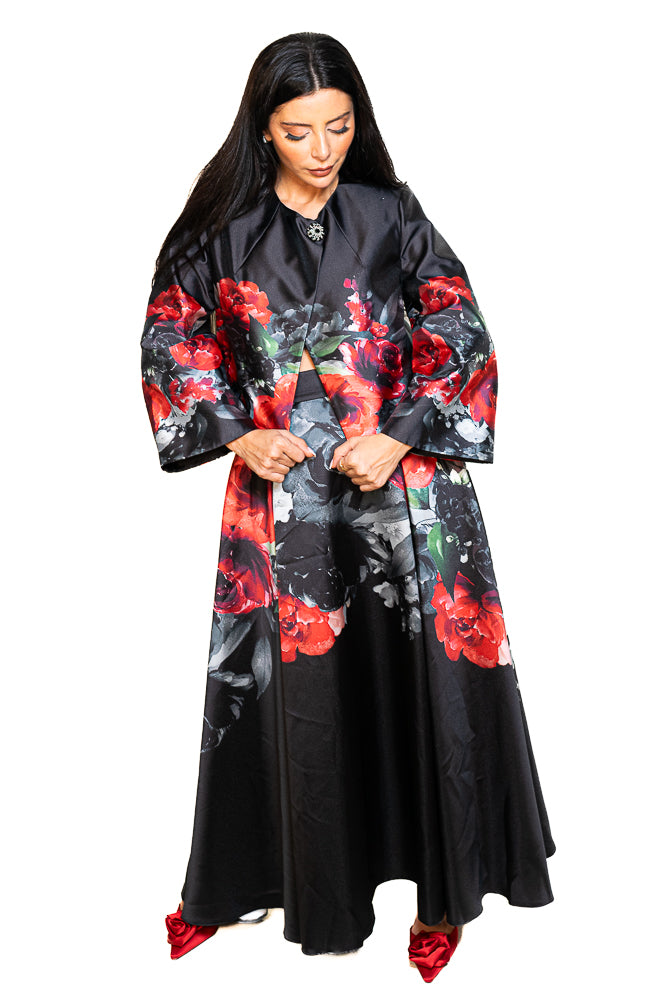 Black Two-Piece Set of Floral Shirt and Skirt by The Embroidered Corner
