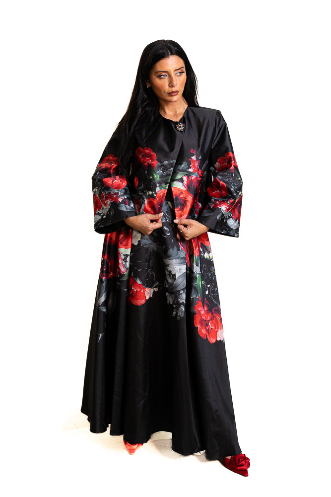 Black Two-Piece Set of Floral Shirt and Skirt by The Embroidered Corner