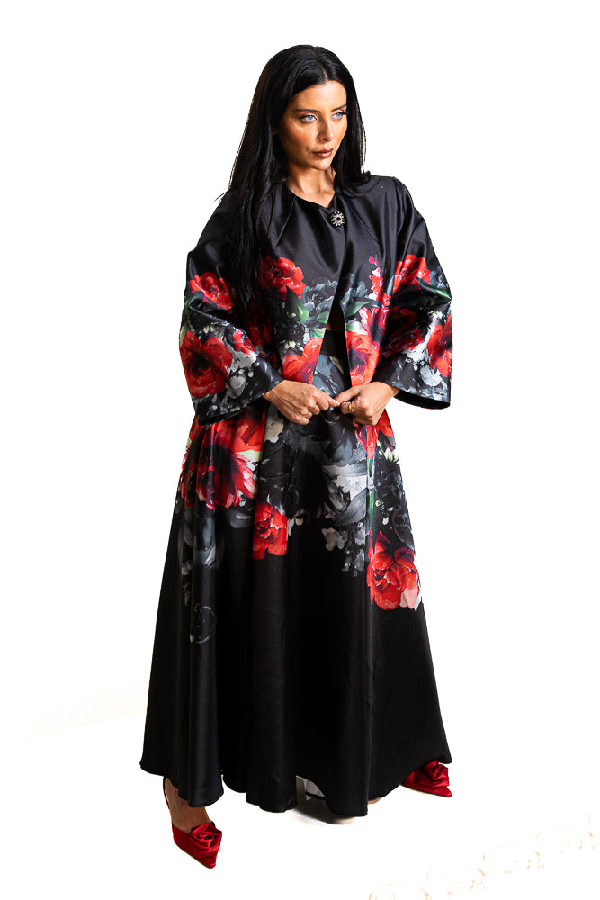Black Two-Piece Set of Floral Shirt and Skirt by The Embroidered Corner