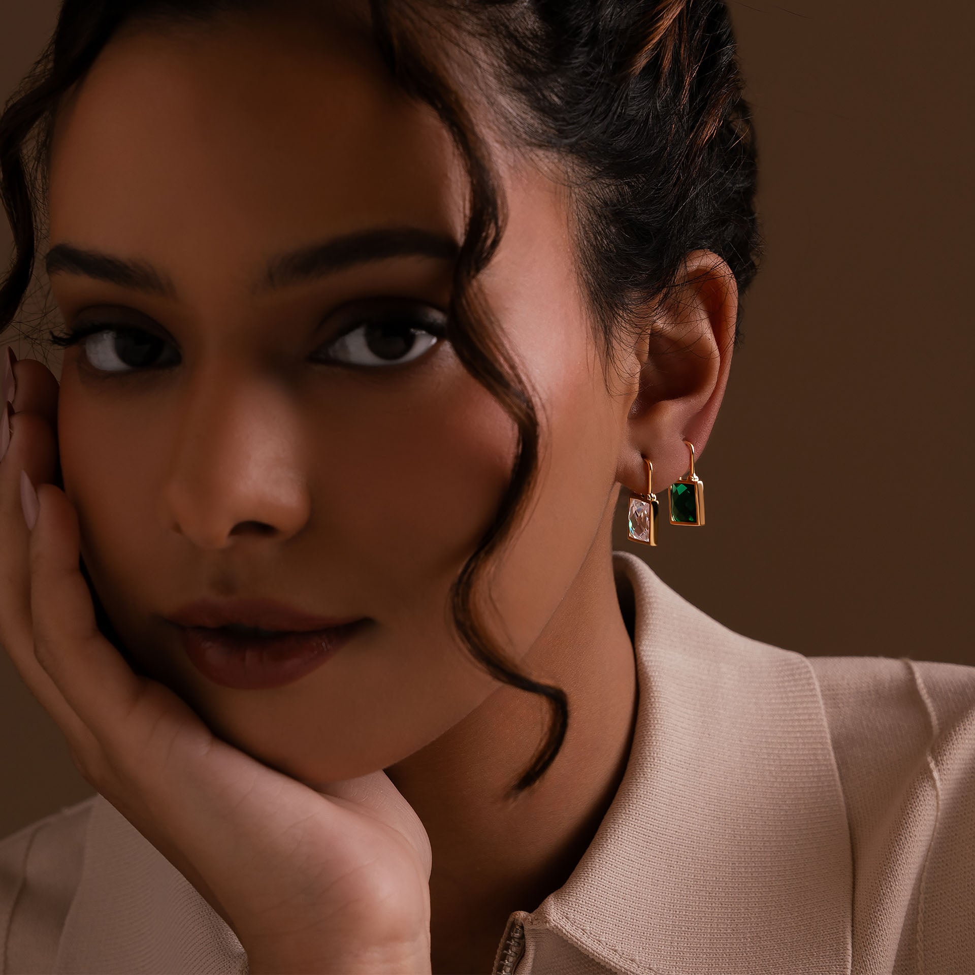 Gold Plated White Self-lock Earrings By L'rosha