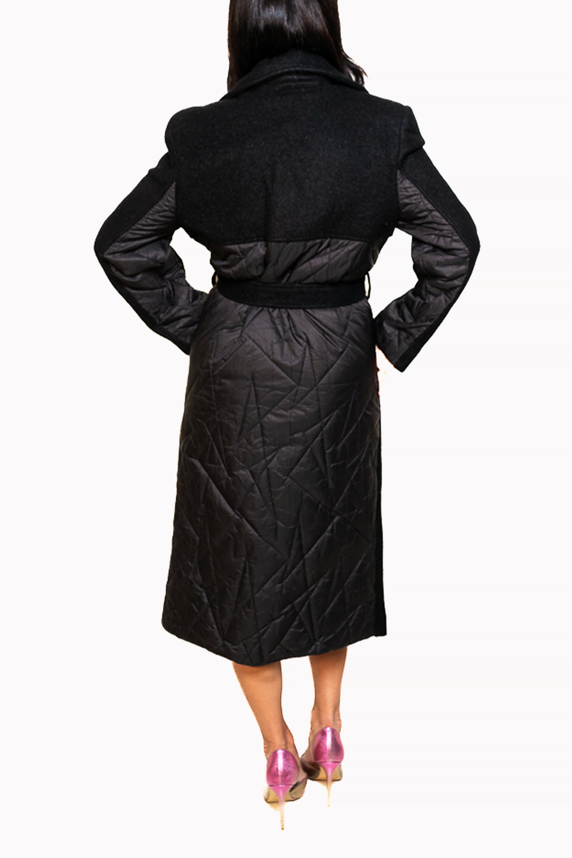 Black Midi Coat with Waist Tie by The Embroidered Corner