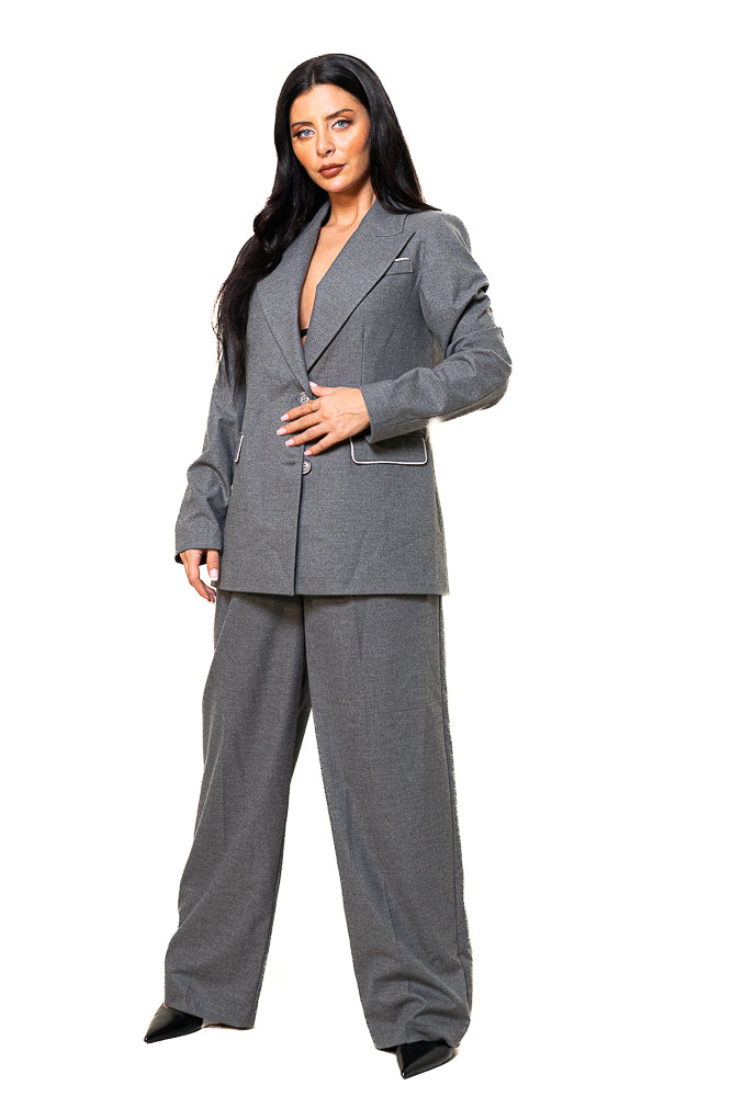 Grey Two-Piece Set of Buttoned Blazer and Pants by The Embroidered Corner