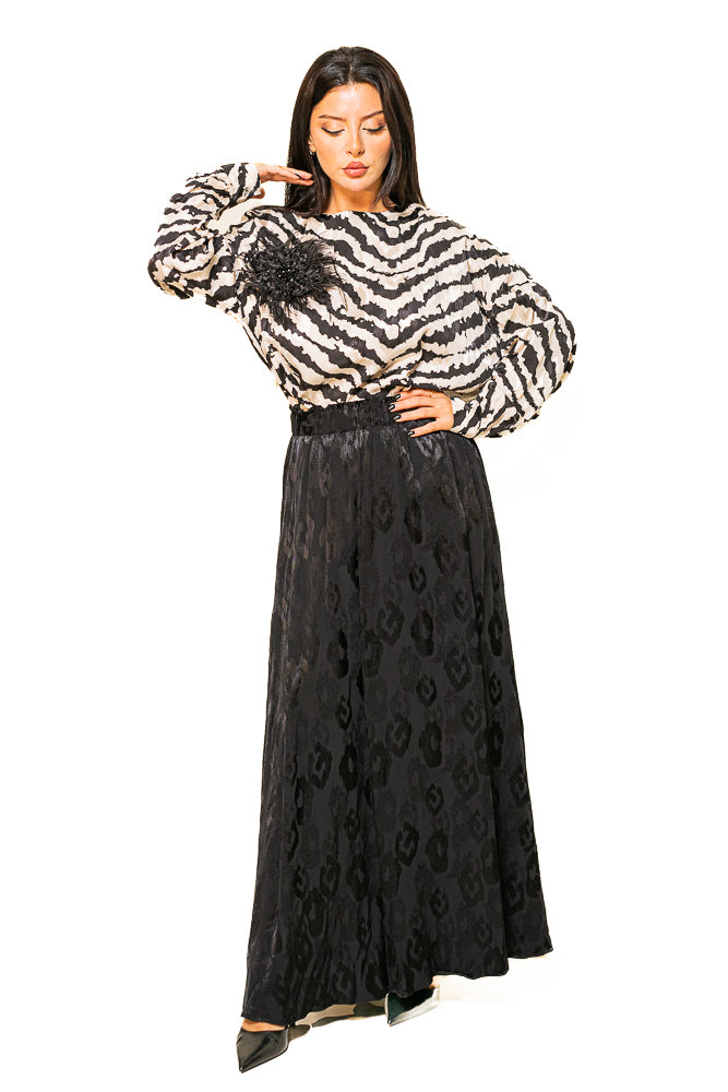 Black Two-Piece Set of Wavy Printed Blouse and Maxi Skirt Set by The Embroidered Corner