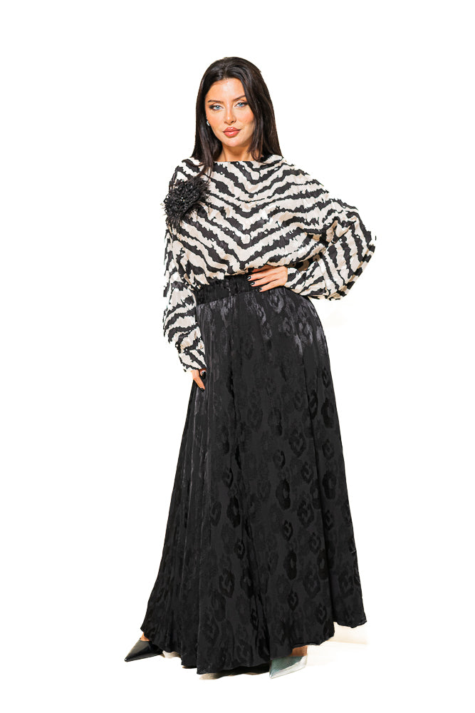 Black Two-Piece Set of Wavy Printed Blouse and Maxi Skirt Set by The Embroidered Corner