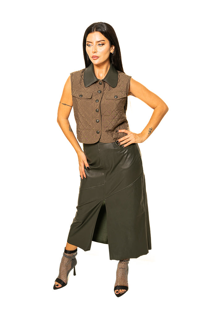 Multicolor Two-Piece Set of Vest and Faux Leather Skirt by The Embroidered Corner