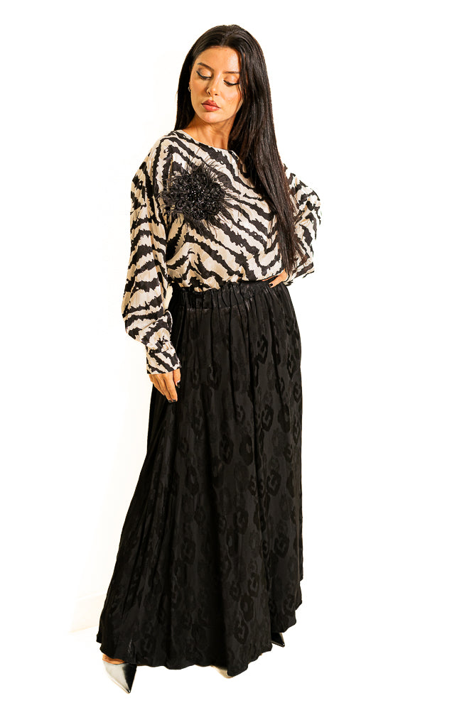 Black Two-Piece Set of Wavy Printed Blouse and Maxi Skirt Set by The Embroidered Corner