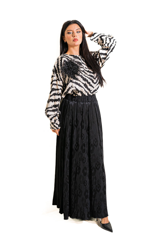 Black Two-Piece Set of Wavy Printed Blouse and Maxi Skirt Set by The Embroidered Corner