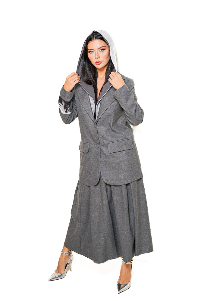 Grey Two-Piece Set of Blazer with Midi Skirt by The Embroidered Corner