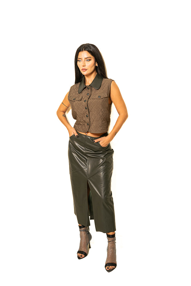 Multicolor Two-Piece Set of Vest and Faux Leather Skirt by The Embroidered Corner