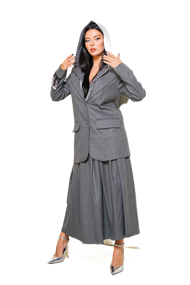 Grey Two-Piece Set of Blazer with Midi Skirt by The Embroidered Corner
