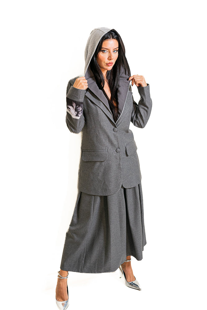 Grey Two-Piece Set of Blazer with Midi Skirt by The Embroidered Corner